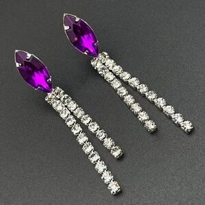 Silver with Purple Amethyst and White Diamond Crystal Dangling Post Earrings